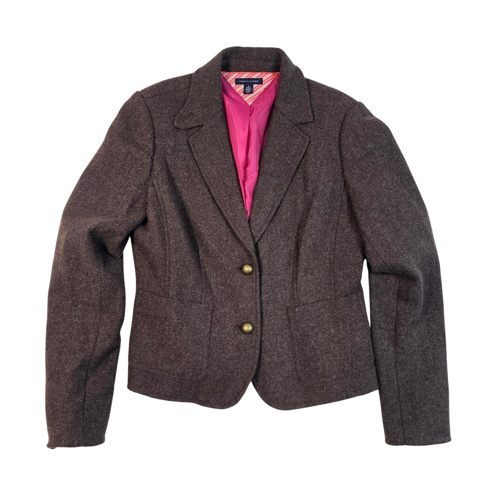 Tommy Hilfiger Womens Brown Wool Blend 2 Button Blazer Jacket Size 8 Pink Lining